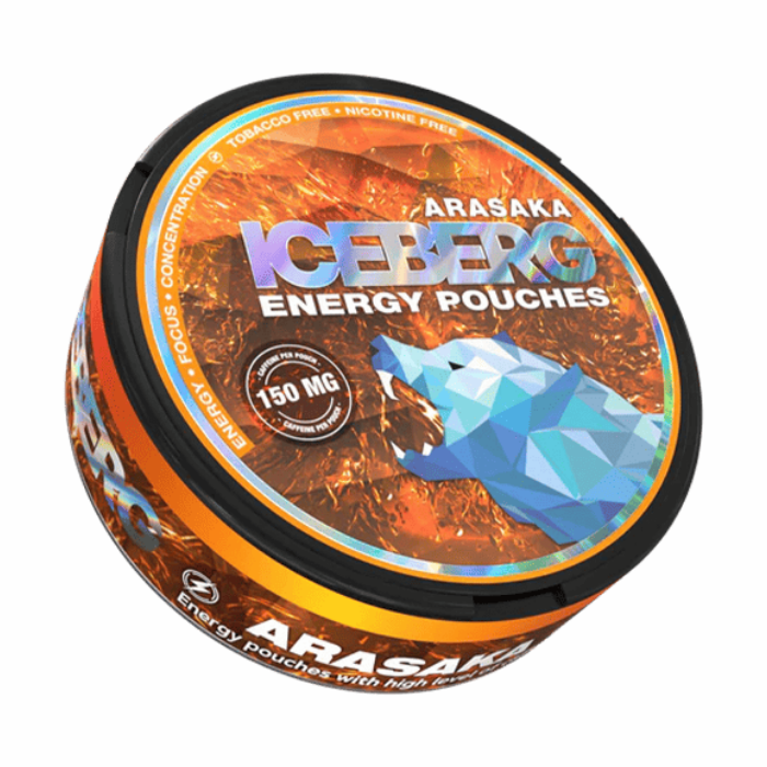 Iceberg Arasaka peach caffeine energy pouches 150mg, 20 tobacco-free nicotine-free slim pouches