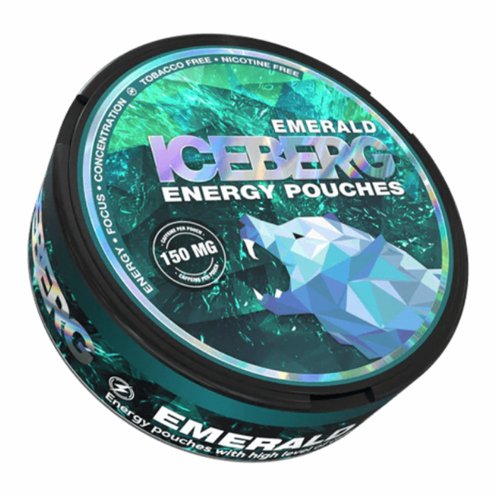 Iceberg Emerald caffeine energy pouches 150mg, 20 tobacco-free nicotine-free green apple lime mint pouches