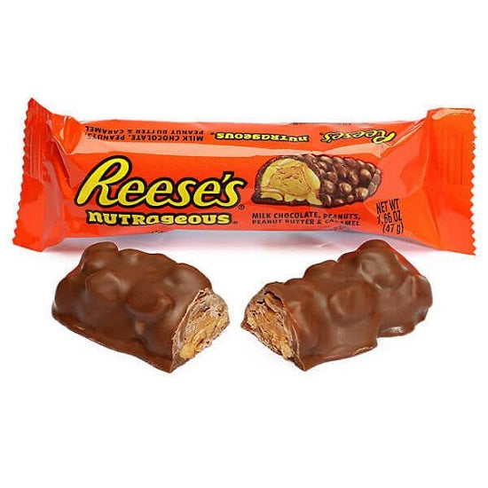 reeses nutrageous peanut butter caramel peanut chocolate bar 47g hersheys milk chocolate peanut butter snack bar