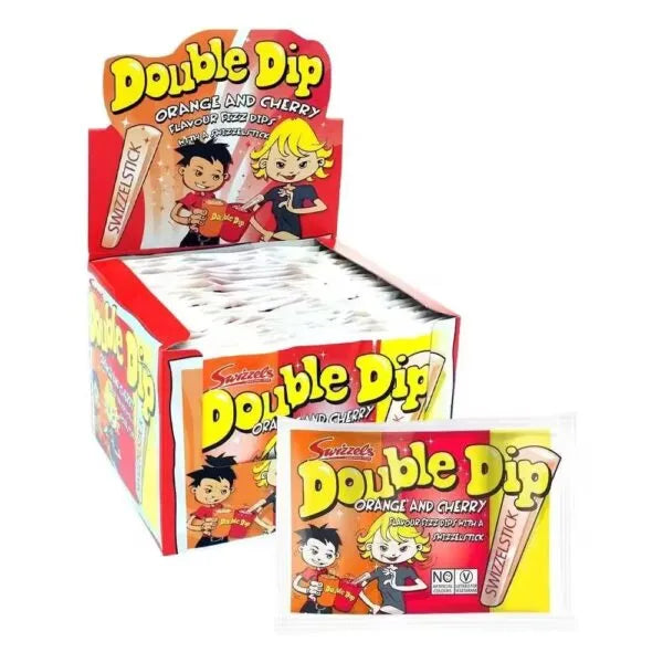 swizzels double dip orange cherry 19g british sherbet powder candy retro sweets swizzlestick dip candy
