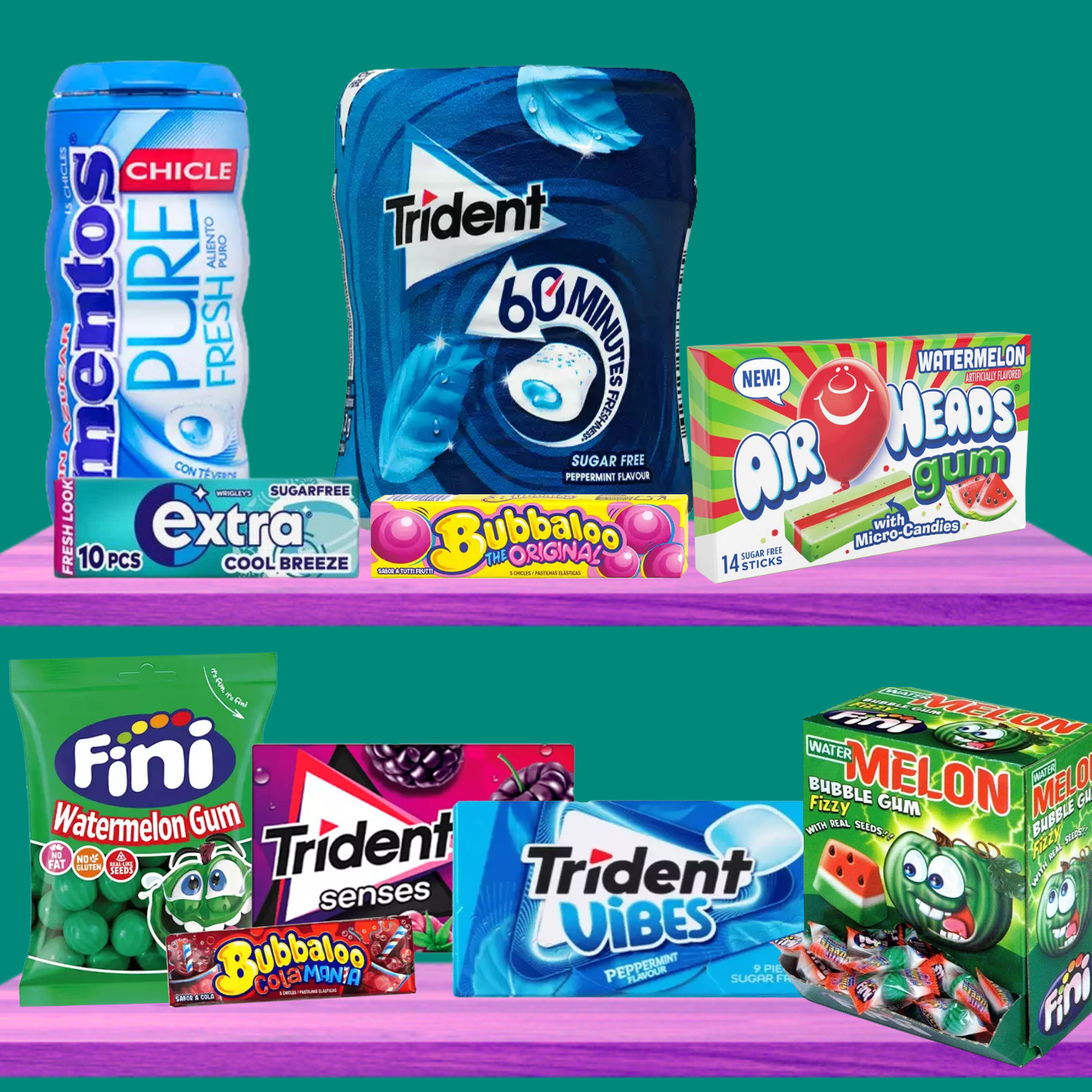 Chewing gum and bubble gum from top brands plus loose gum by weight — browse our full range at Yum Sweetie.