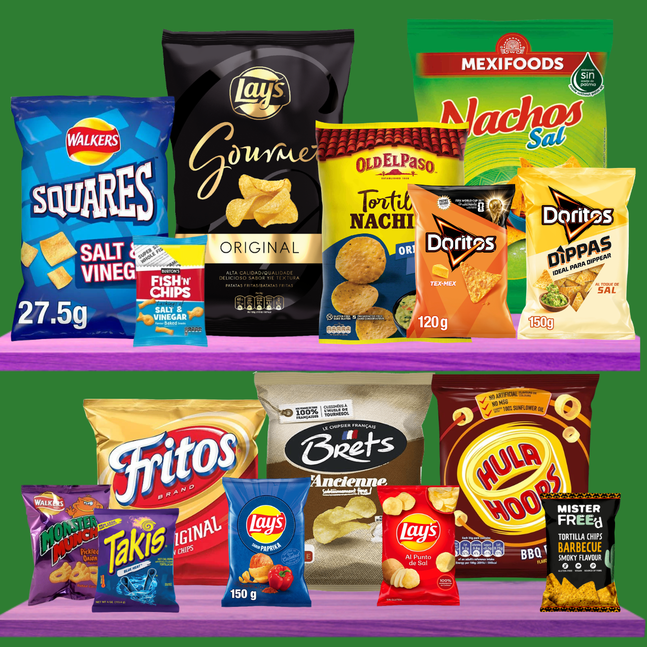 Crisps and chips in every size from lunch packs to family bags — plus tortillas and corn chips. Browse our full range at Yum Sweetie.