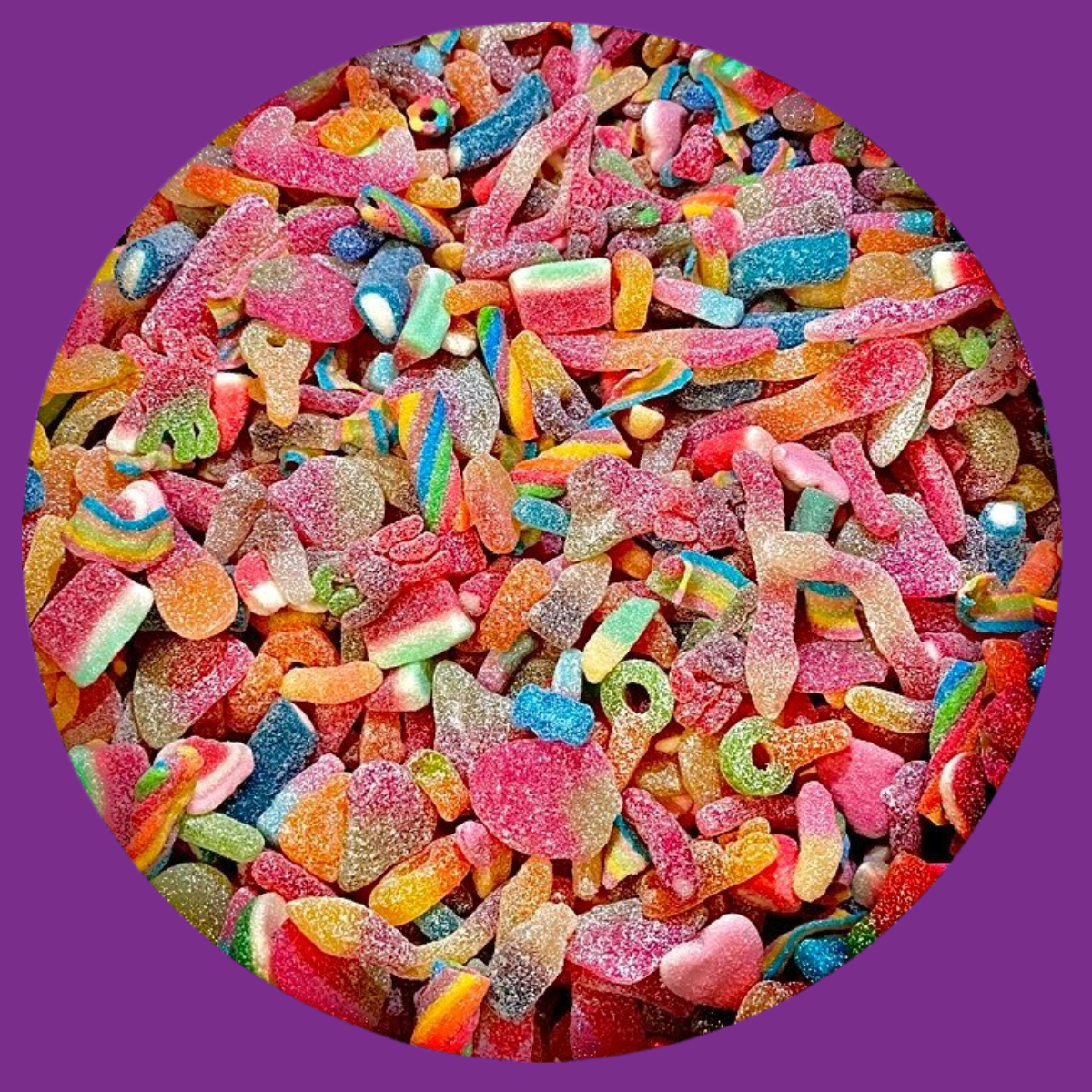 Sugar-dusted gummy sweets in a colourful pick and mix display, crystallised gummies