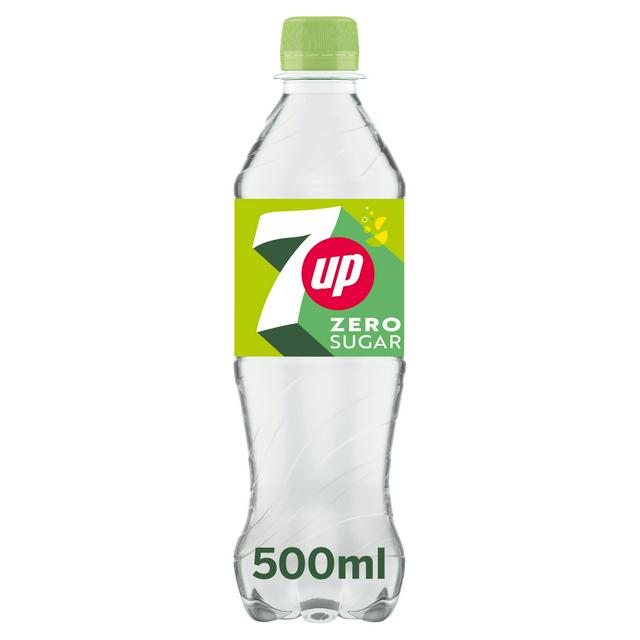 7UP Zero 500ml lemon and lime fizzy soft drink bottle with zero sugar