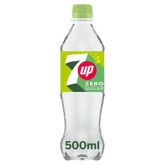 7UP Zero 500ml lemon and lime fizzy soft drink bottle with zero sugar