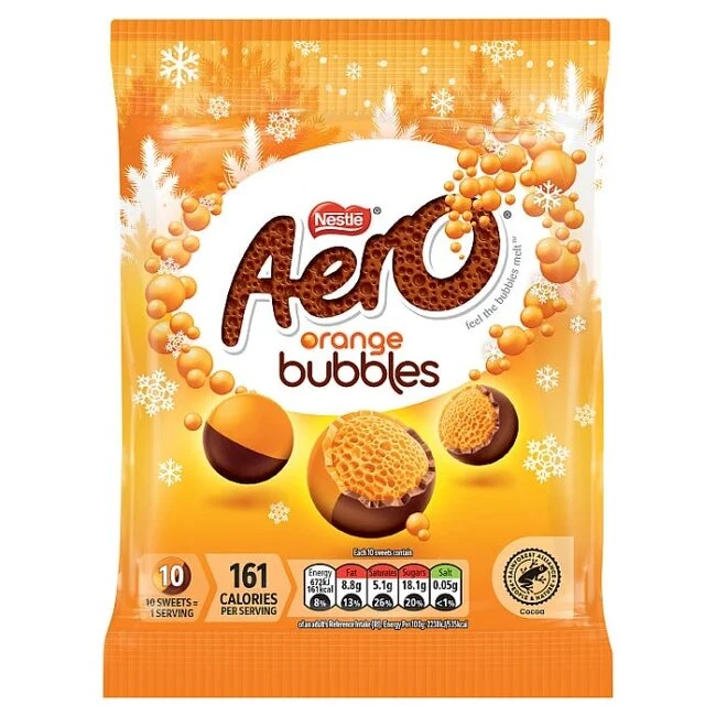 Aero Orange Bubbles 70g Nestlé aerated milk chocolate orange flavour bubbly chocolate snack bag sweet treat
