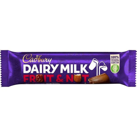 Cadbury Dairy Milk Fruit and Nut Bar 49g milk chocolate snack bar with raisins and almonds South African Products