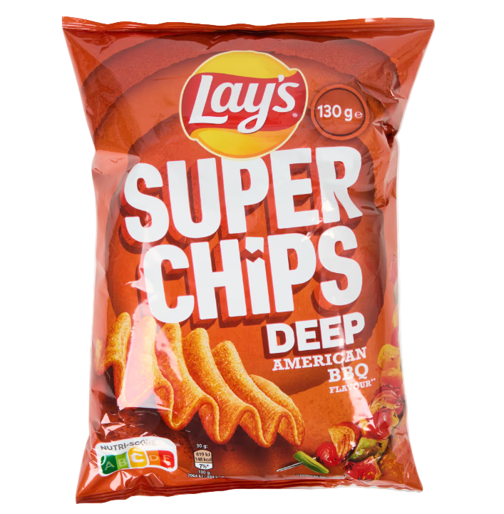 Lay’s Super Chips American BBQ 130 g family size pack with thick-cut crunch and smoky barbecue flavour, perfect for sharing.