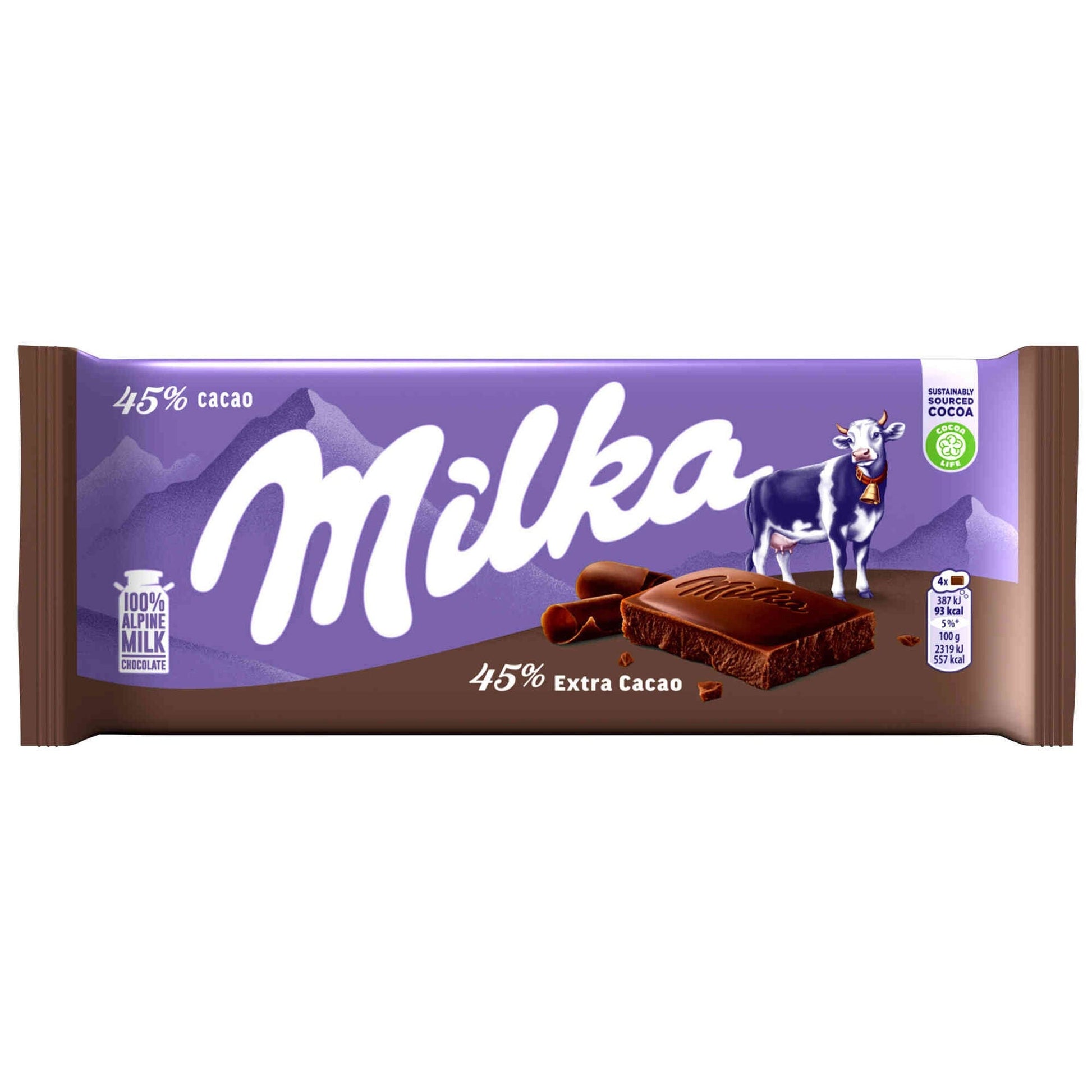 Milka Chocolate with Extra Cocoa Cream 90g Alpine milk chocolate bar with cocoa cream filling festive collection