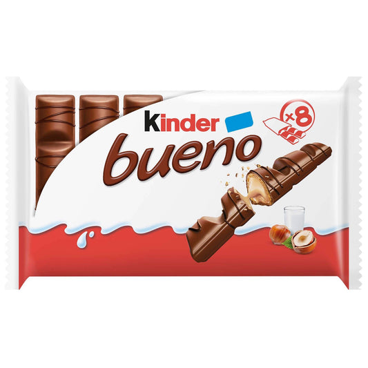 kinder bueno milk chocolate snack 344g 8 pack hazelnut cream wafer chocolate bars chocolate bars and snack bars multipack